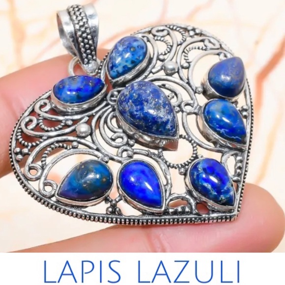 Lovely Lapis Lazuli Gemstone Handmade Filigree Heart Pendant - Picture 3 of 6